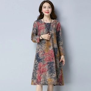 Long sleeve linen casual dress autumn print